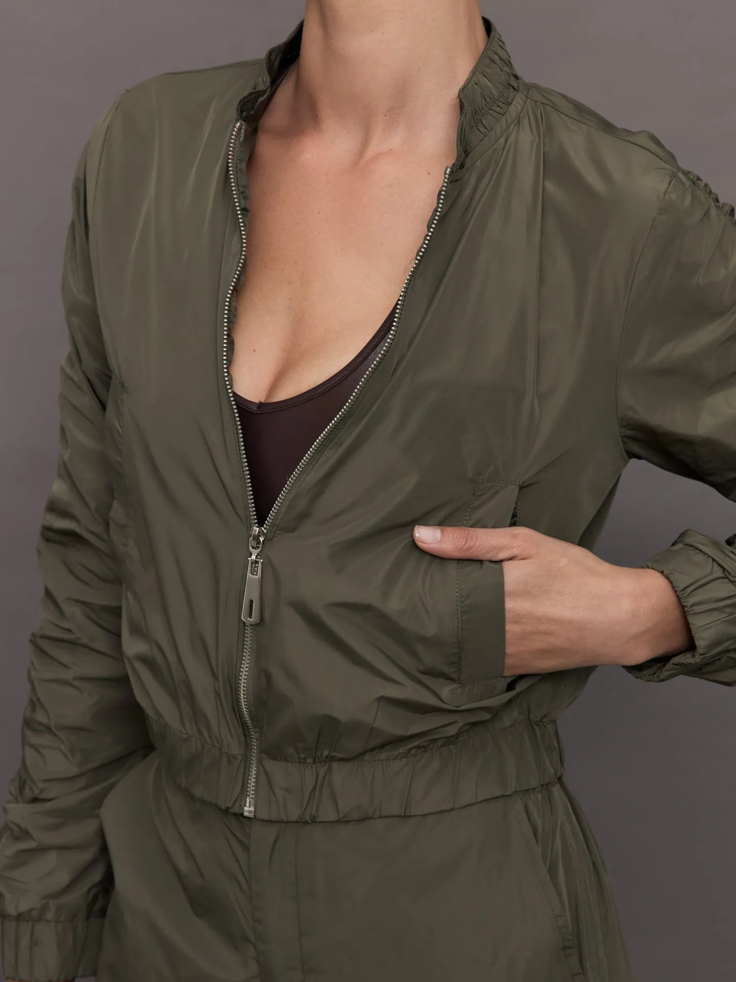 Theia Zip Taffeta Bomber Jacket - Army