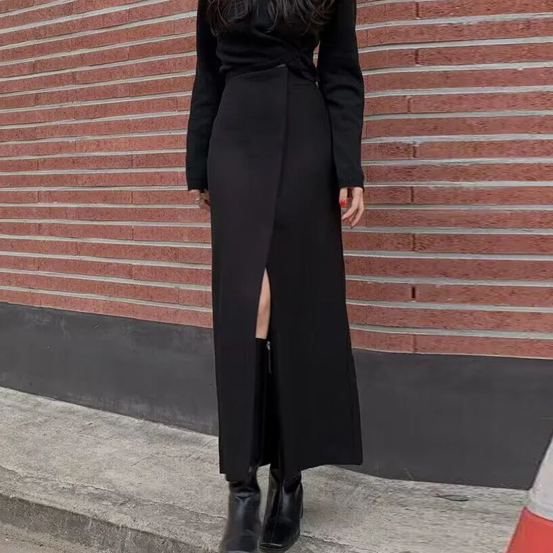 Toleet Black Friday Cyber Monday Christmas black sweater dress outfit Chic High Waist Slimming Irregular Split Design over the Knee Long Skirt for Women