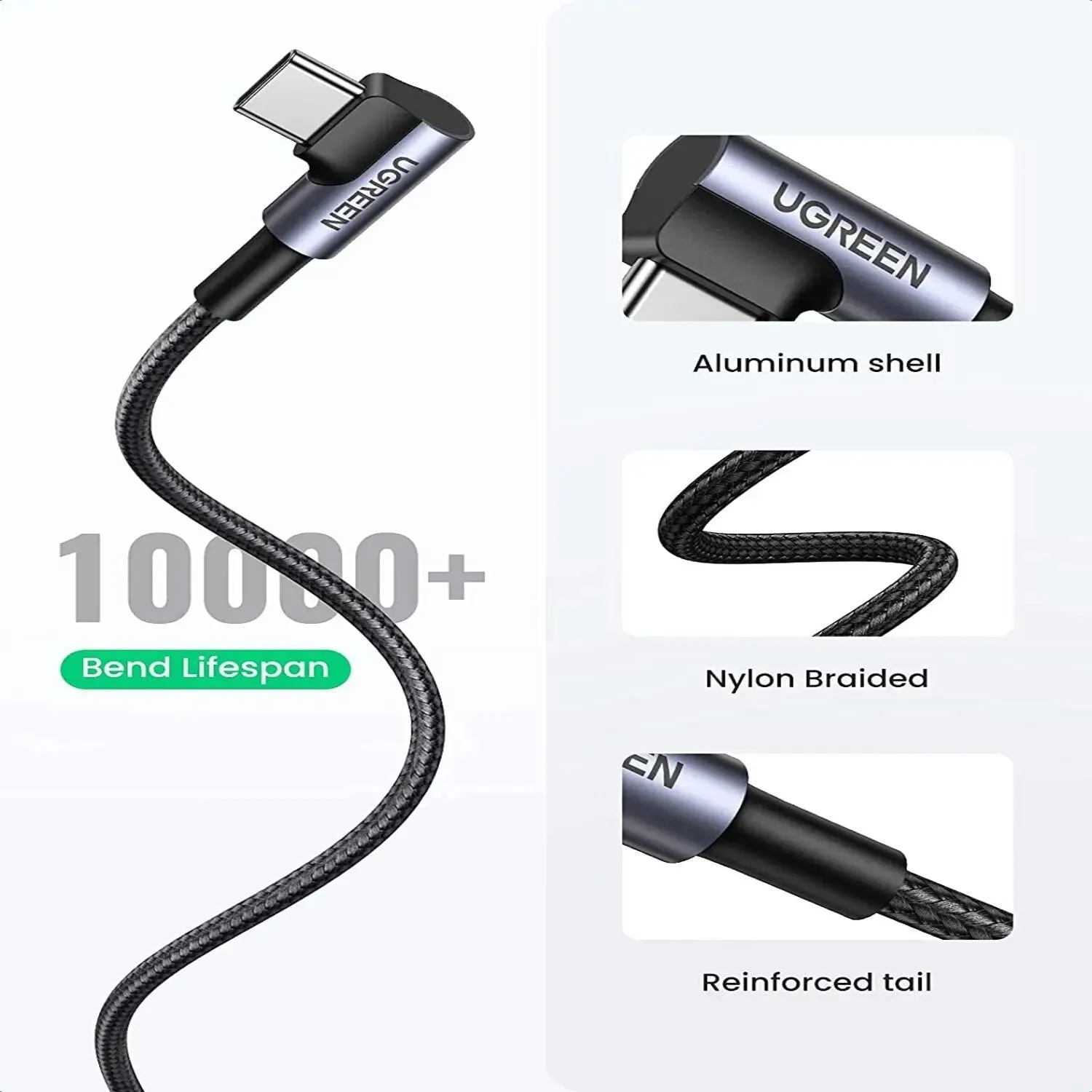 UGREEN 1m USB Type C Male to USB-A Right Angle 90 Degree Male Double Nylon Braided QC 3.0 Data Cable with Nickel Plated Connector & Aluminum Shell (50941)