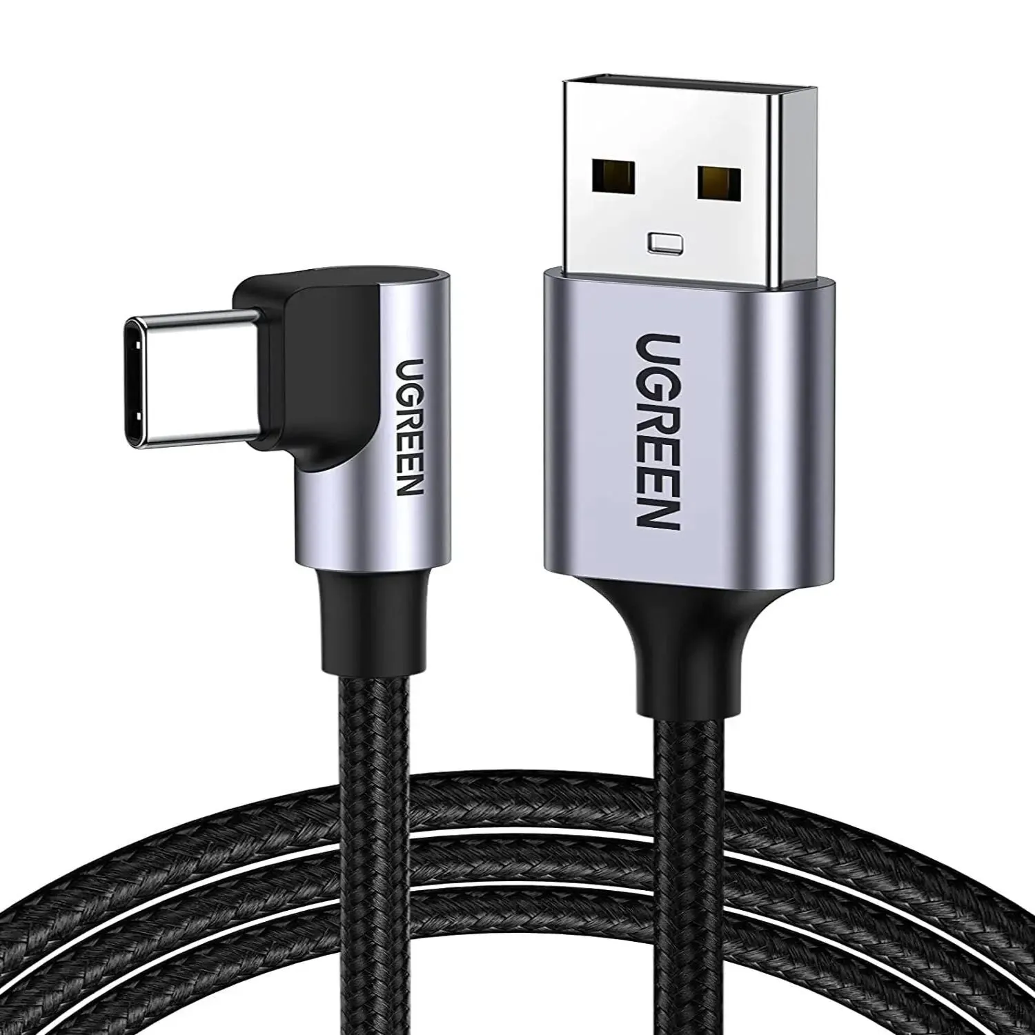 UGREEN 1m USB Type C Male to USB-A Right Angle 90 Degree Male Double Nylon Braided QC 3.0 Data Cable with Nickel Plated Connector & Aluminum Shell (50941)