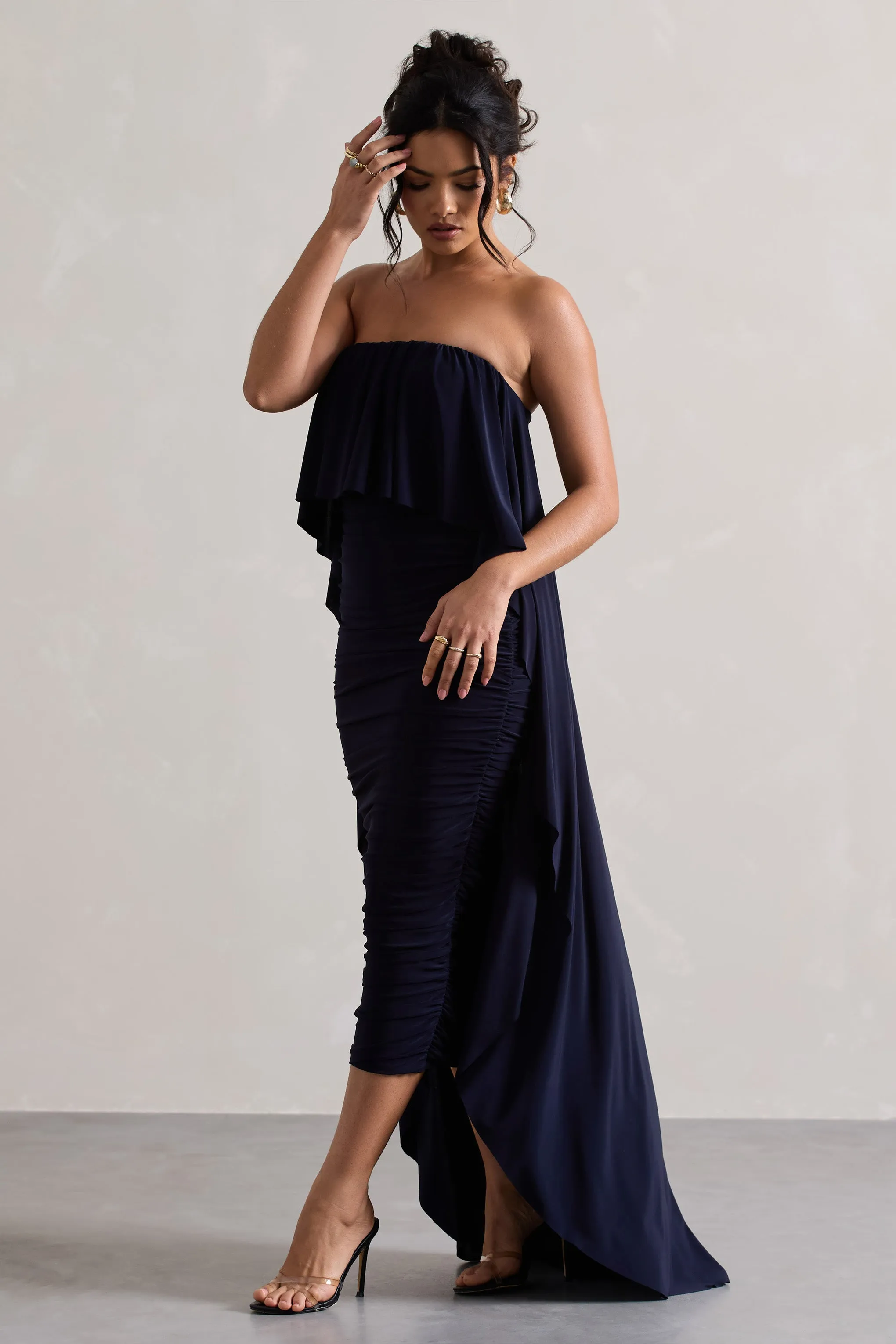 Upon A Time | Navy Ruched Bandeau Midi Dress With Cape