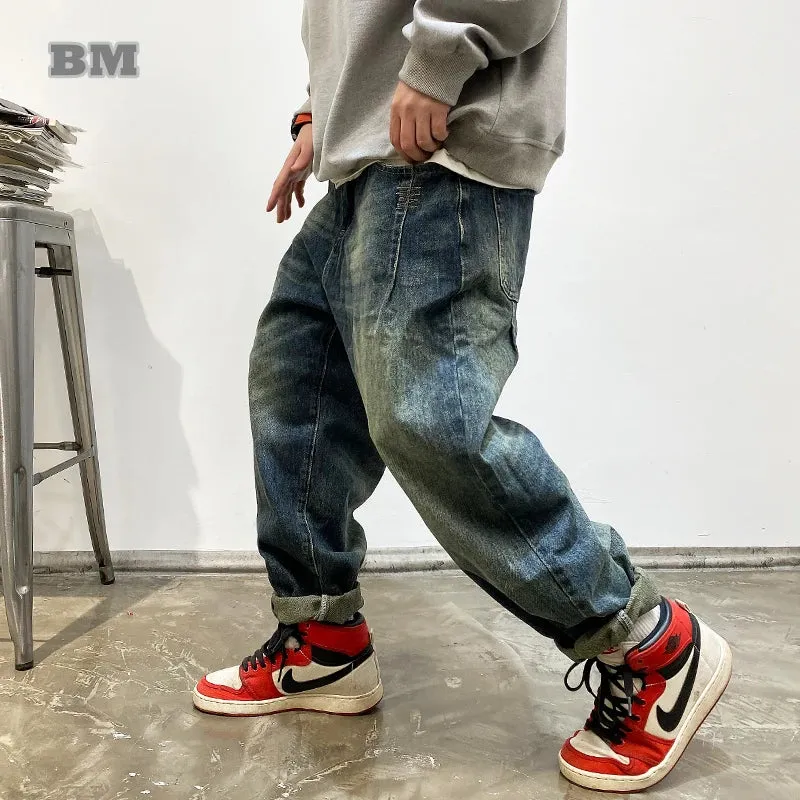 Vintage Cargo Jeans Men Clothing Japanese Streetwear Straight Denim Trousers