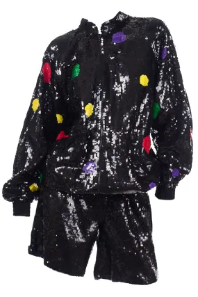 Vintage Lillie Rubin Black Silk Sequin Shorts & Zip Front Sweatshirt Set W Polka Dots