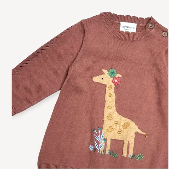 Viverano Giraffe Jacquard Pointelle Baby Sweater Knit Dress