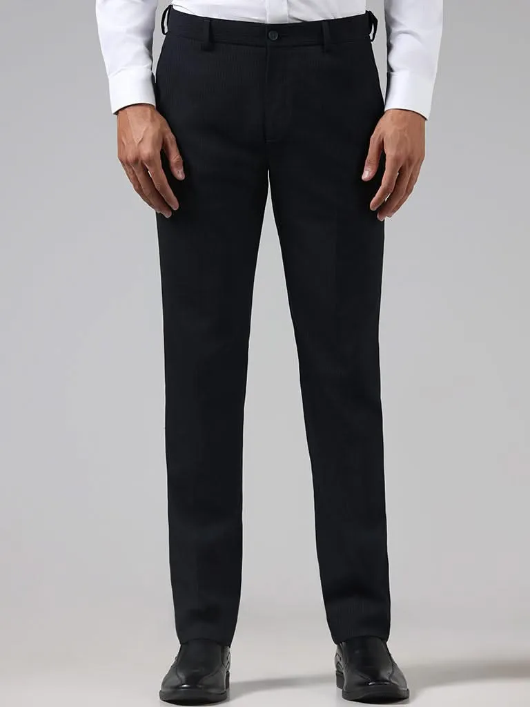 WES Formals Navy Striped Slim Tapered Fit Trousers