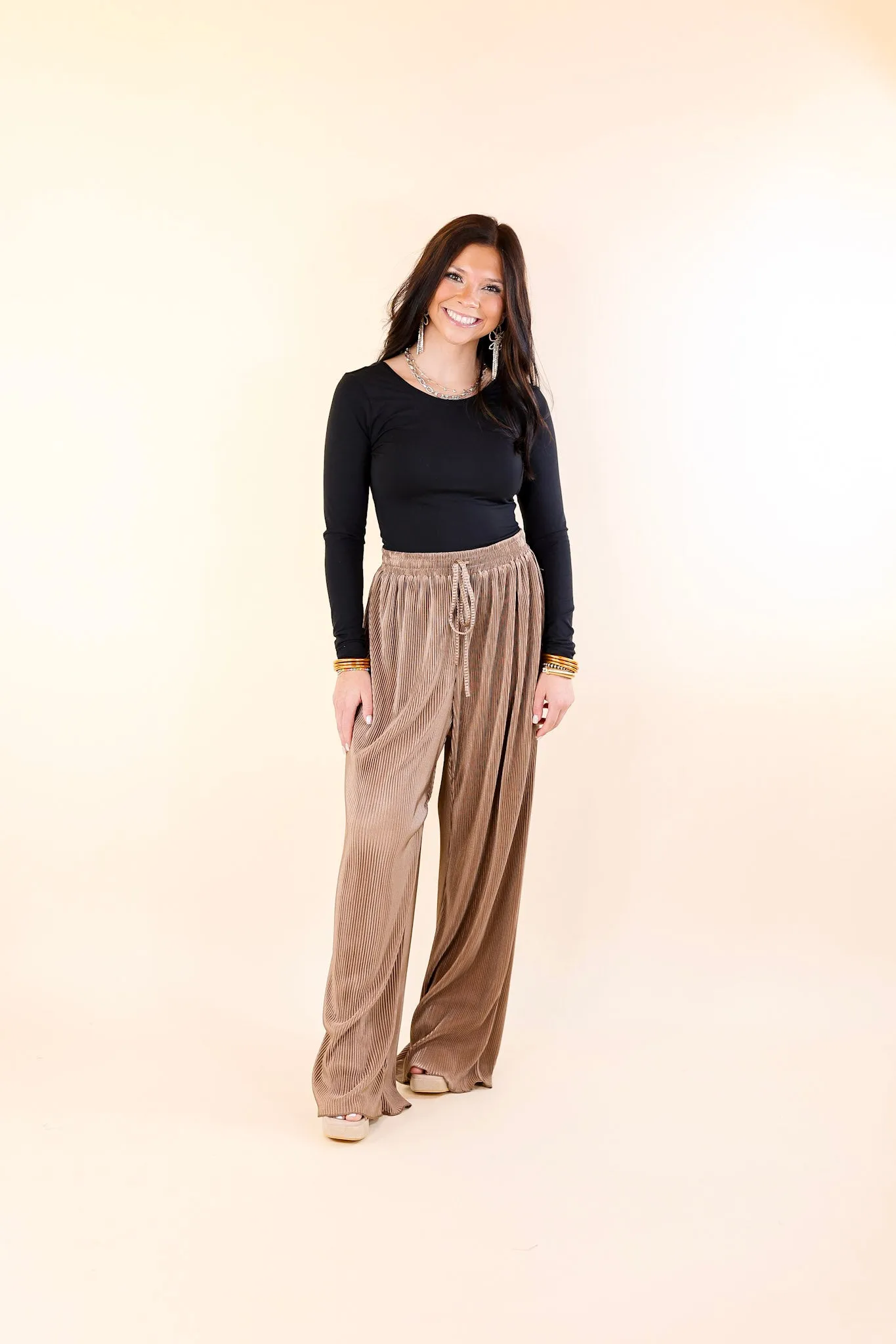 What You Admire Plissé Drawstring Pants in Mocha Brown