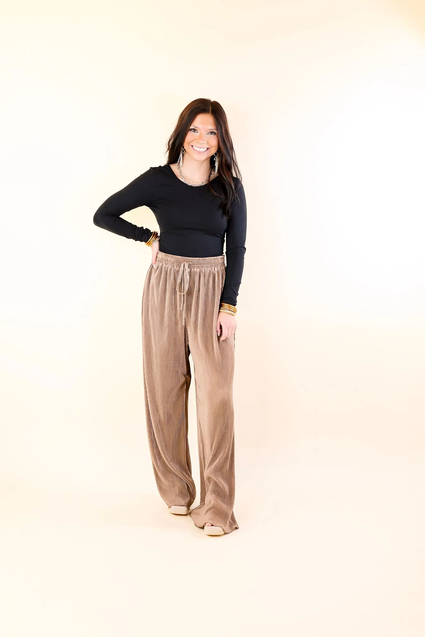 What You Admire Plissé Drawstring Pants in Mocha Brown