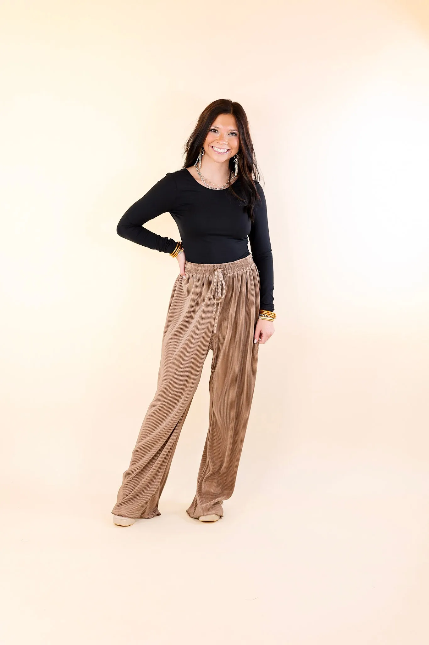 What You Admire Plissé Drawstring Pants in Mocha Brown