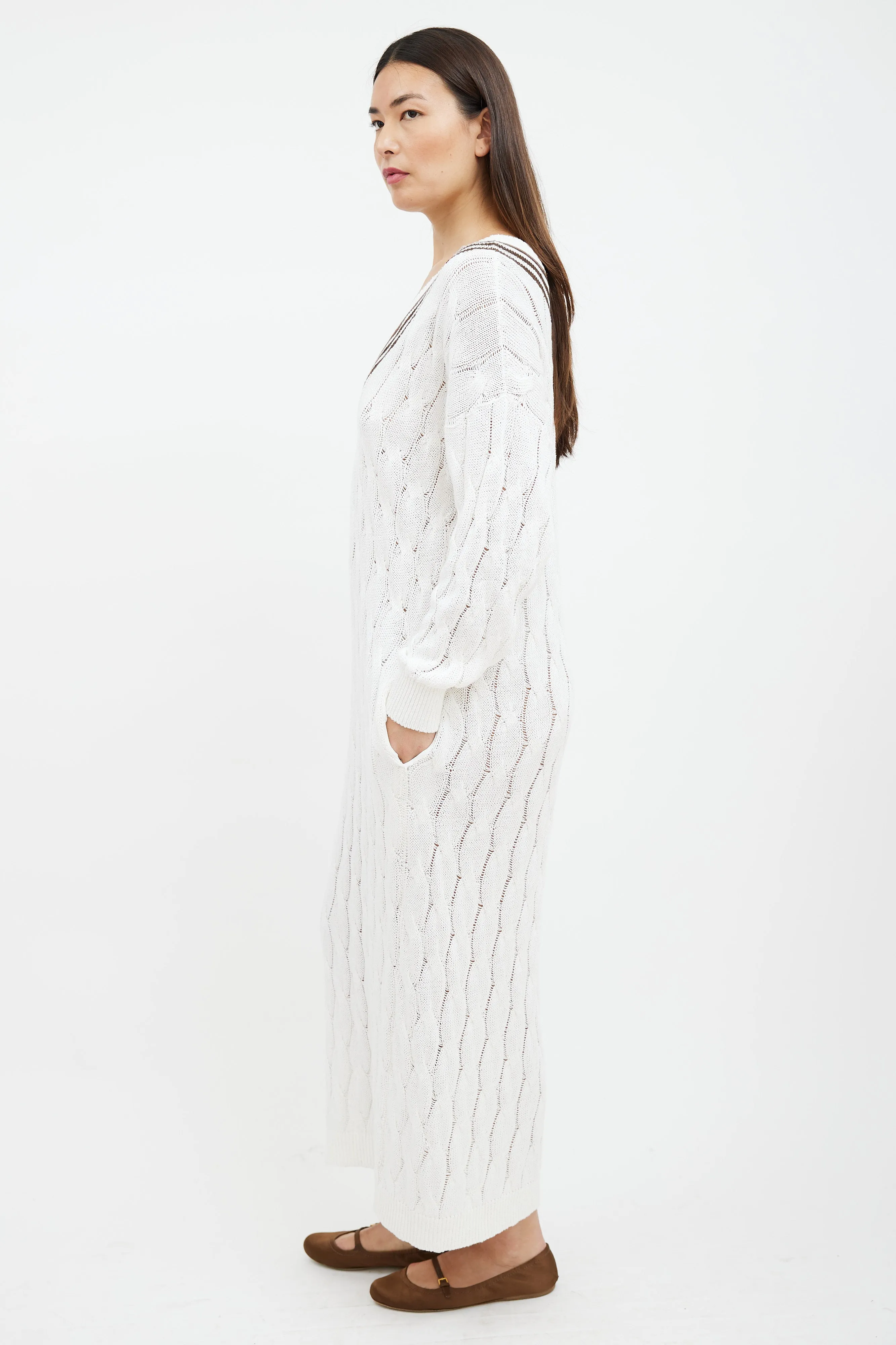 White & Brown Striped Cable Knit Sweater Dress