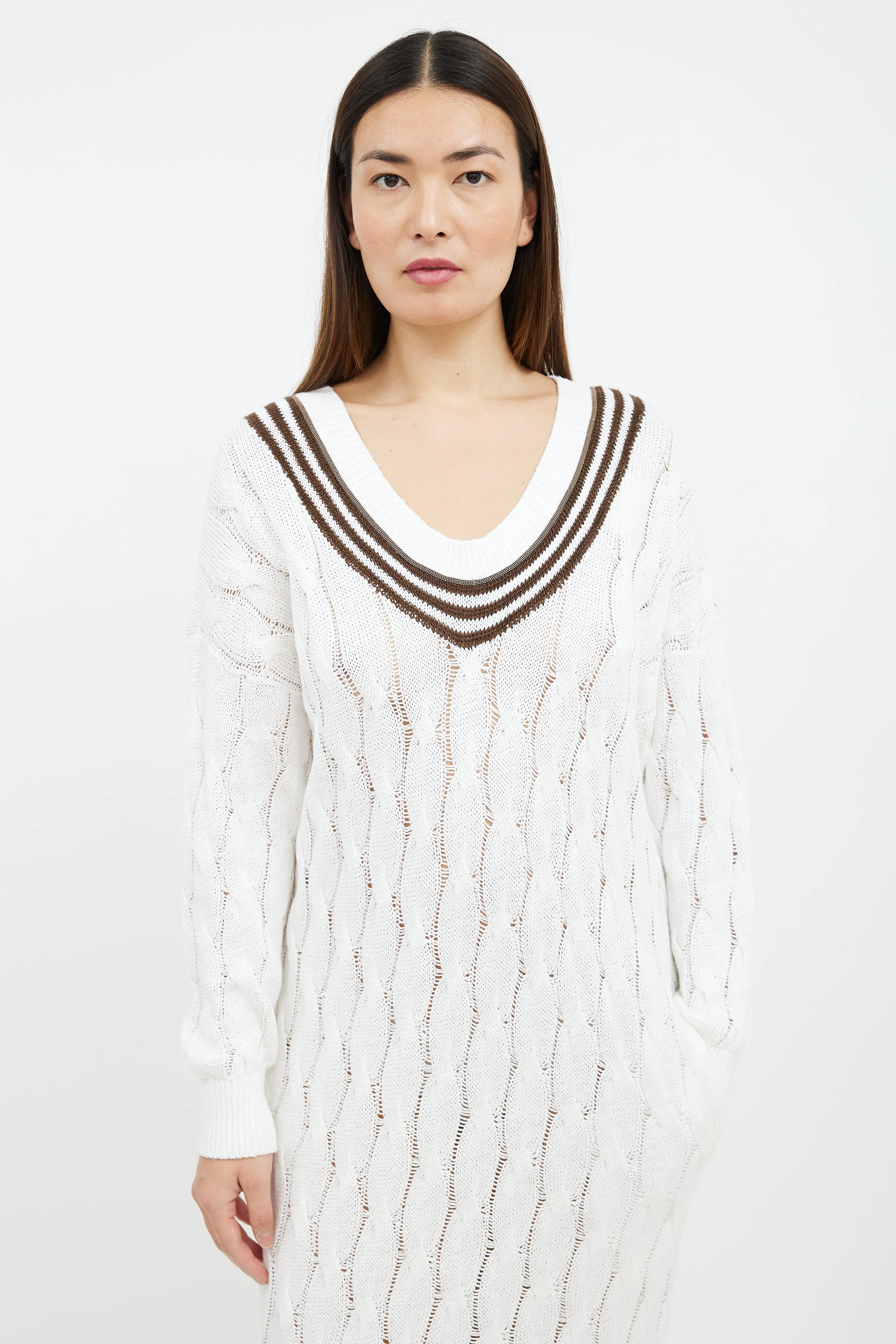 White & Brown Striped Cable Knit Sweater Dress