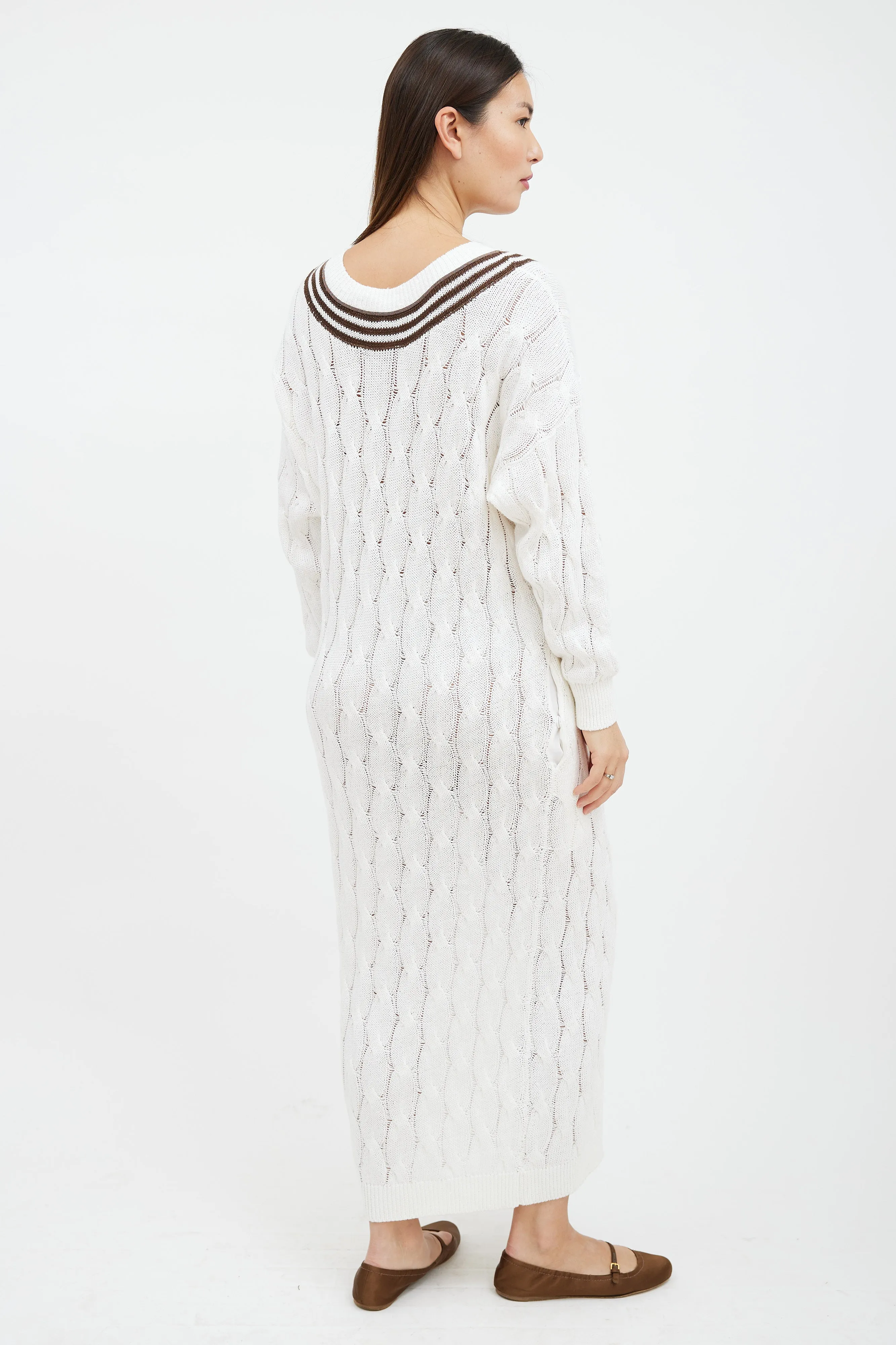 White & Brown Striped Cable Knit Sweater Dress