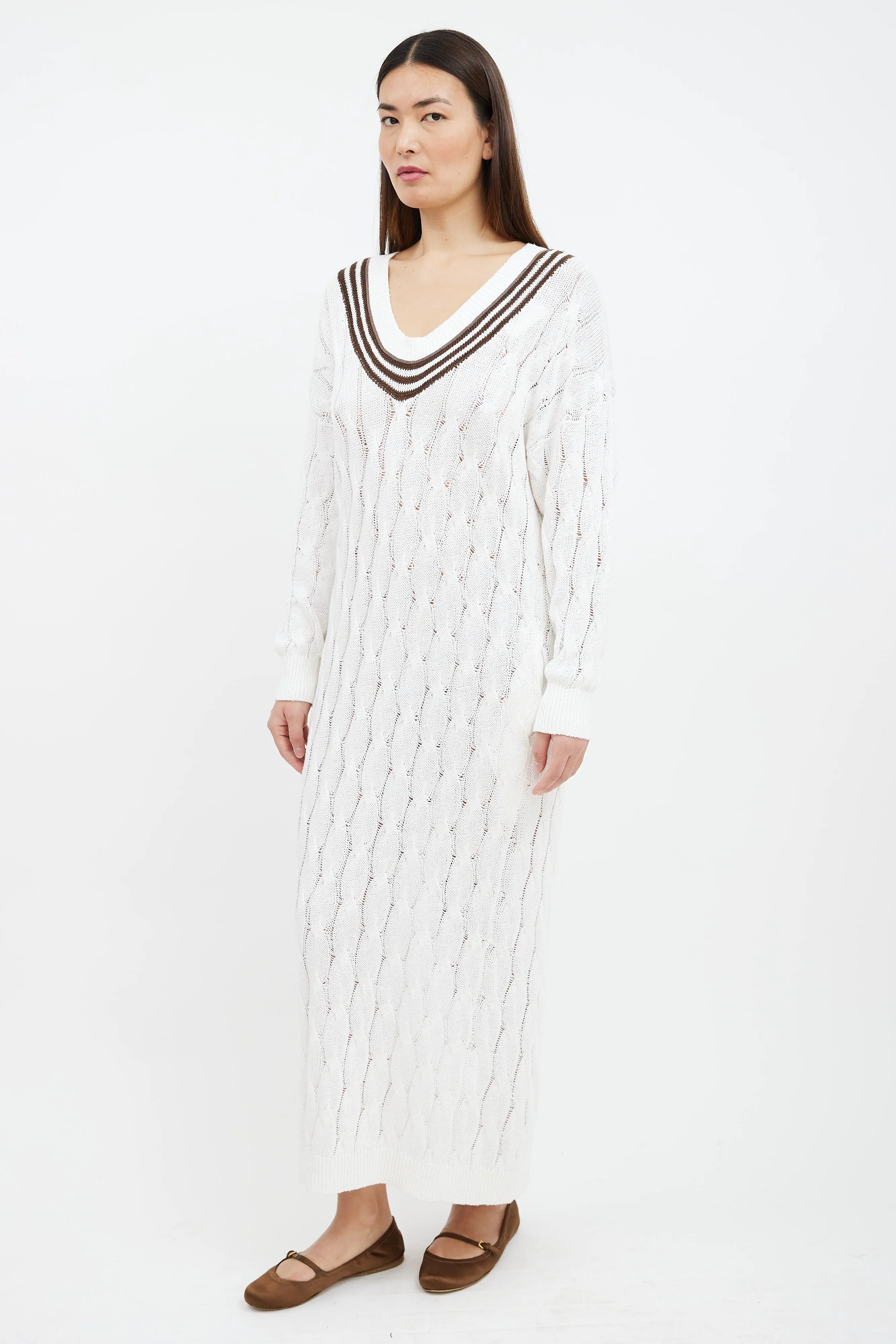 White & Brown Striped Cable Knit Sweater Dress