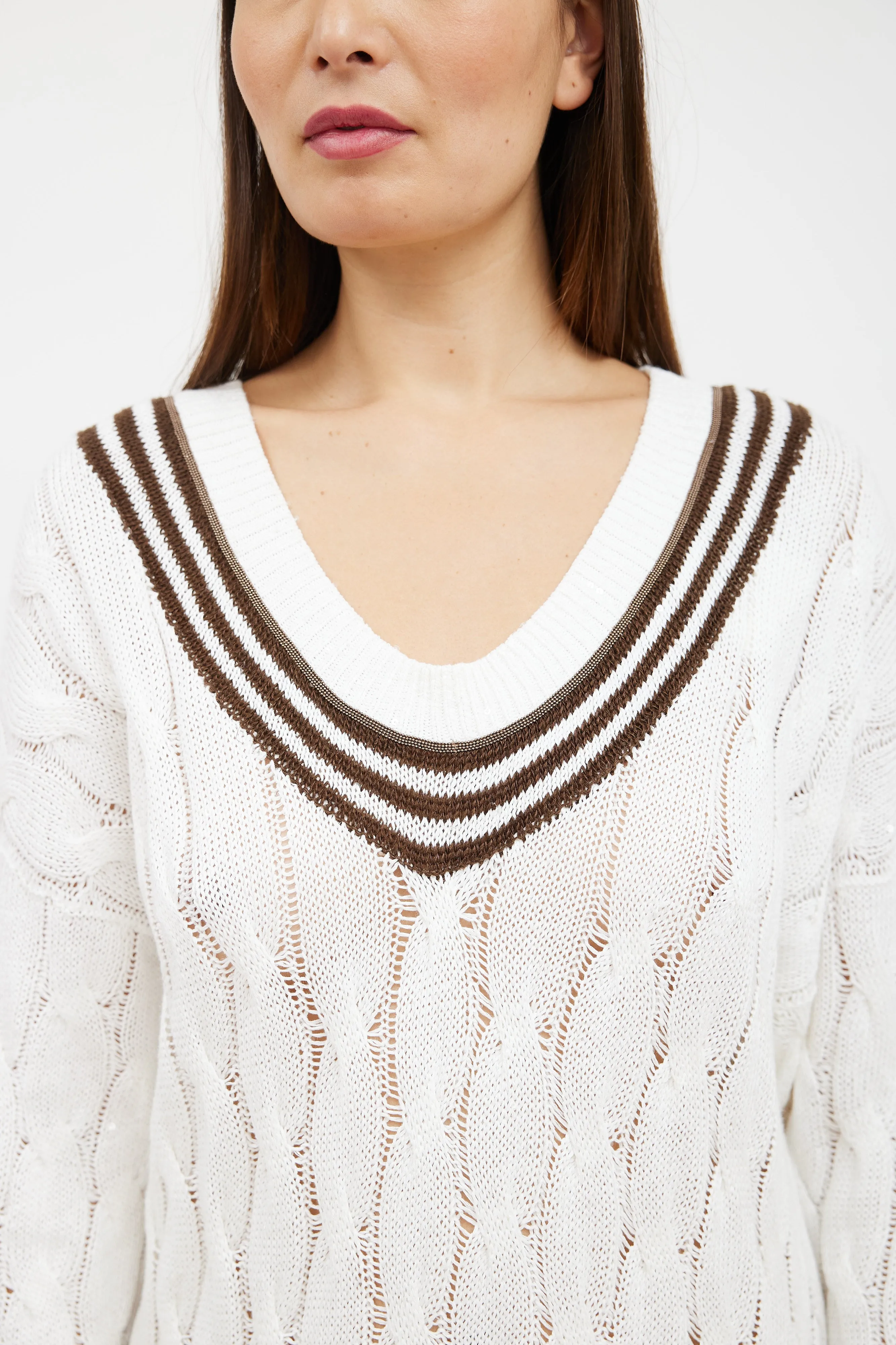 White & Brown Striped Cable Knit Sweater Dress