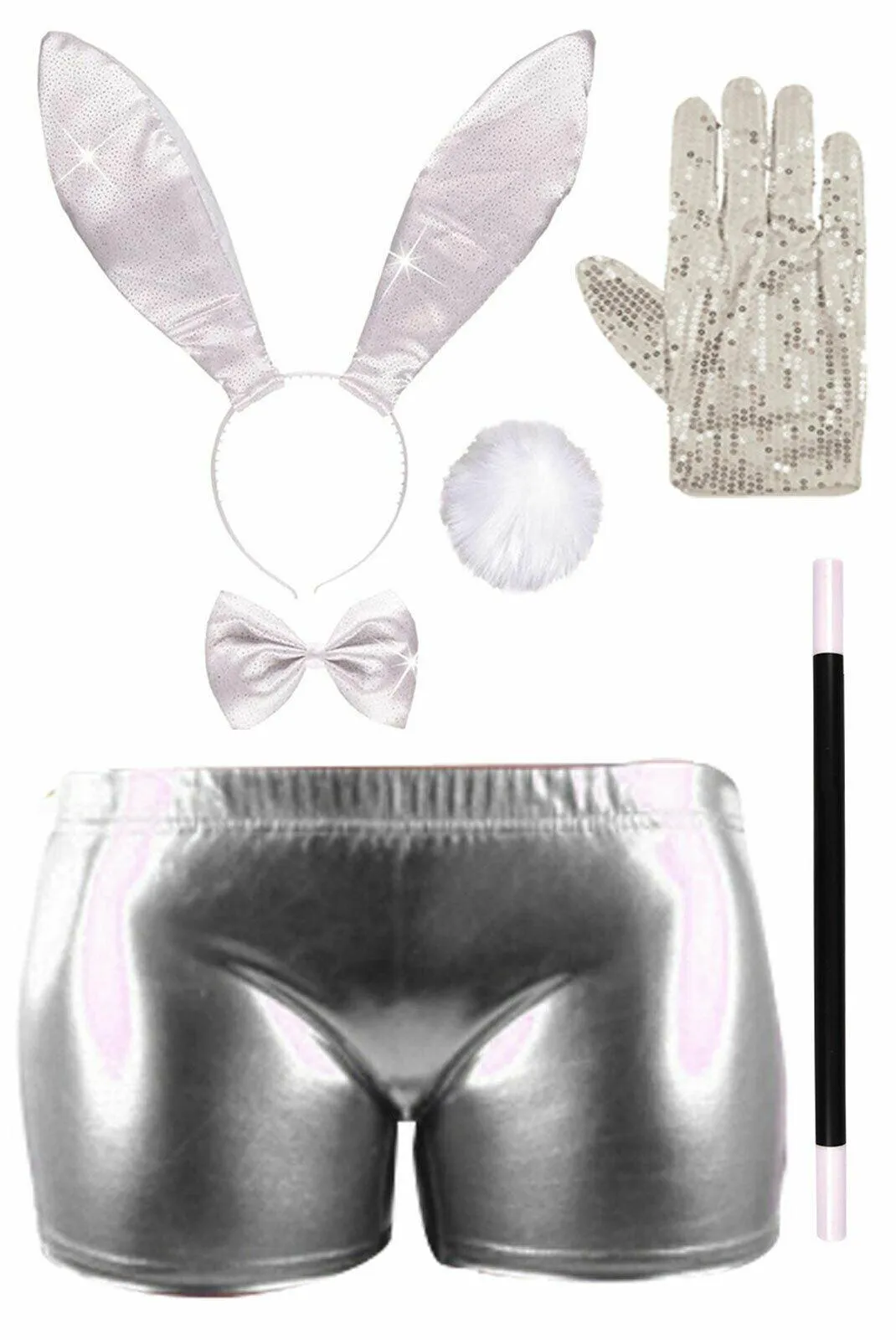 White Glitter Bunny Dress Up Shorts Wand Pop Gloves Hen Night Fancy Dress