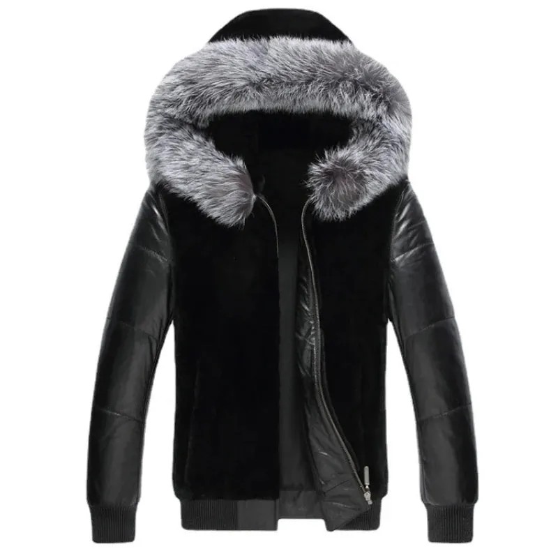 Wiaofellas Autumn Winter New Faux Leather Coat Fur Collar Hooded Menswear Luxury Brand Fur Coat Short Tops Plus Size Slim Jacket