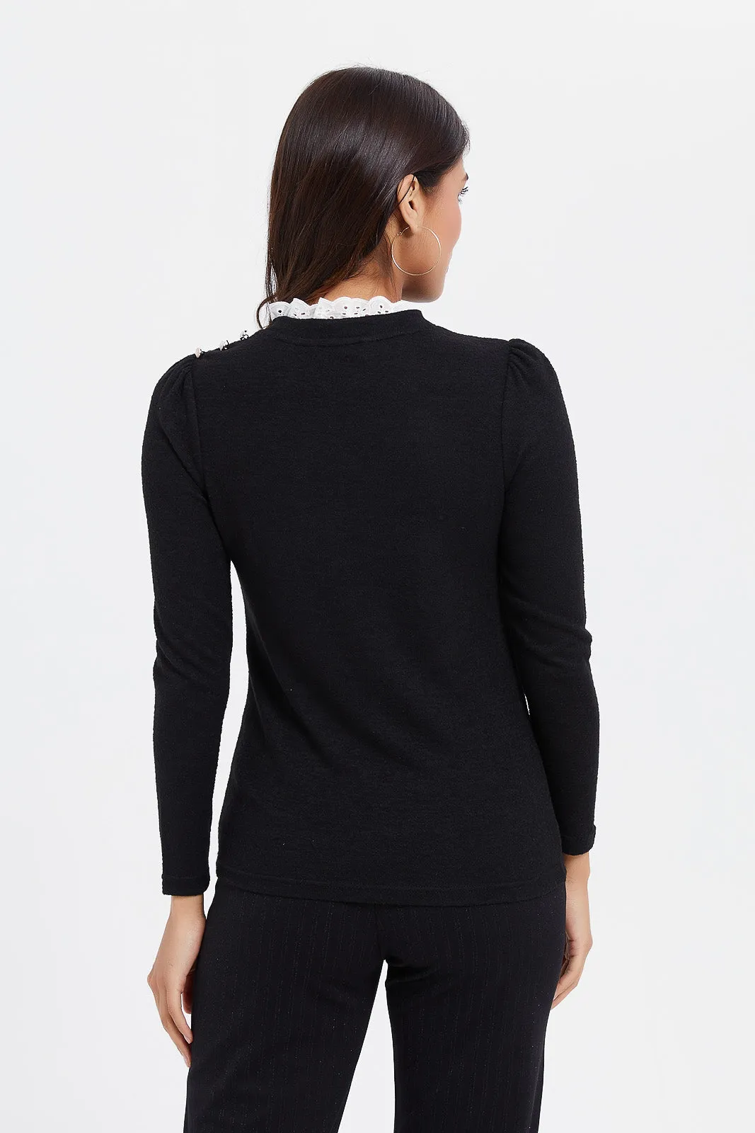 Women Black Plain Collared Top