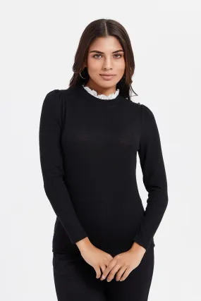 Women Black Plain Collared Top