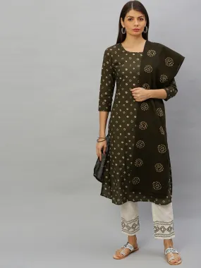 Women Olive Green & Off-White Bandhani Dupatta Set