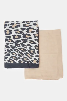 Women White And Beige Printed Scarf Set (Pack of 2)