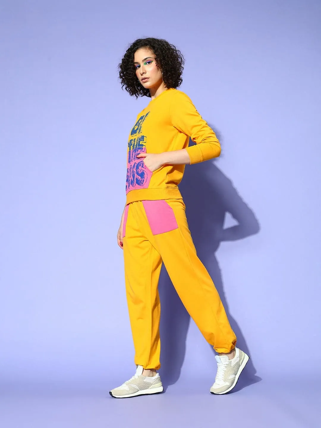 Women Yellow Be The Boss Sweatshirt With Joggers