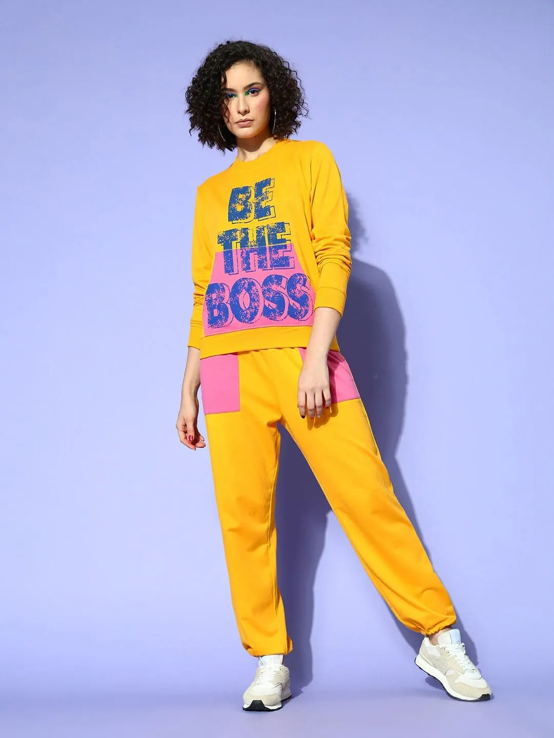 Women Yellow Be The Boss Sweatshirt With Joggers