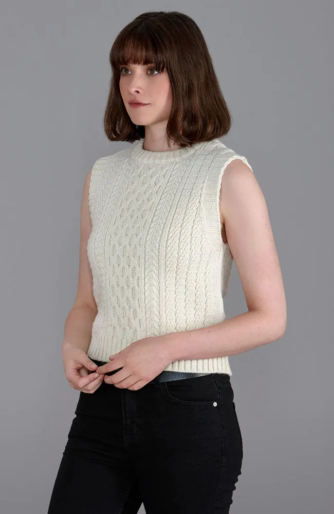 Womens 100% Chunky Merino Wool Cable Sleeveless Jumper