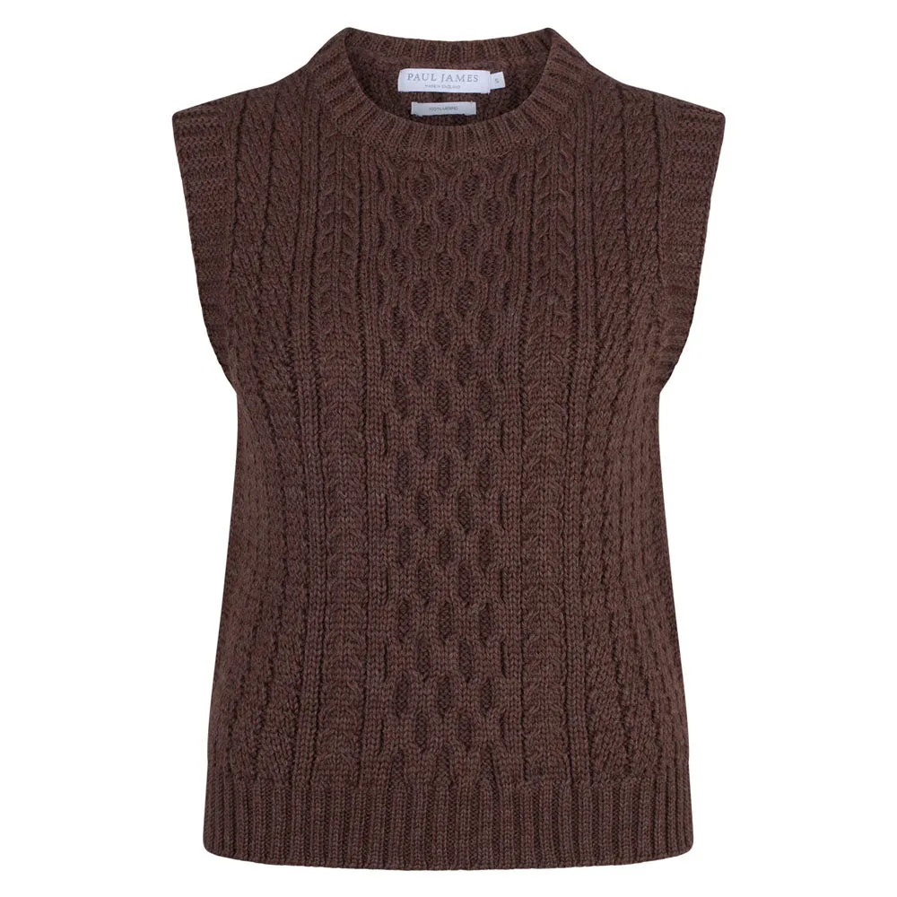 Womens 100% Chunky Merino Wool Cable Sleeveless Jumper