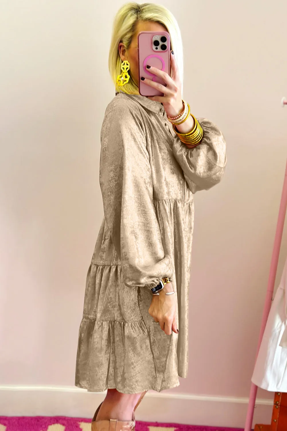 Womens Apricot Metallic Sheen Puff Sleeve Button Up Mini Shirt Dress