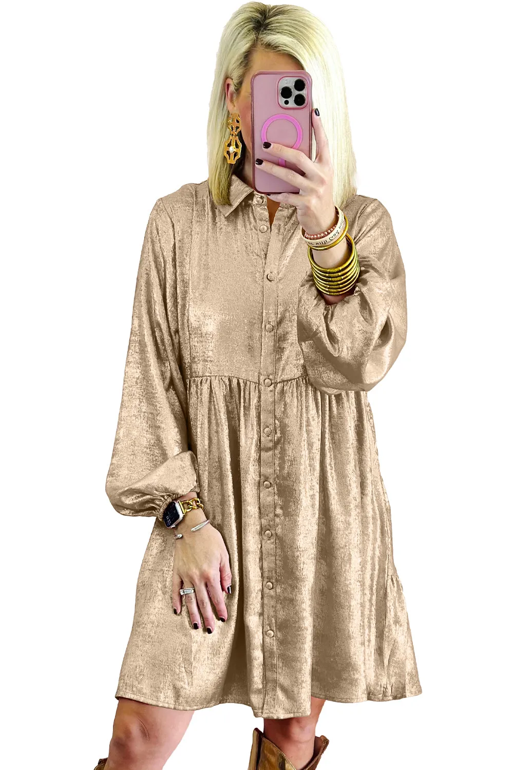 Womens Apricot Metallic Sheen Puff Sleeve Button Up Mini Shirt Dress