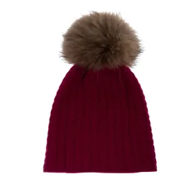 Women's Cable Cashmere Pom Pom Hat  Fuschia