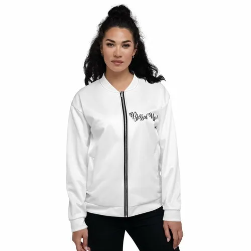 Womens Jacket - Blessed Up Graphic Text Bomber Jacket