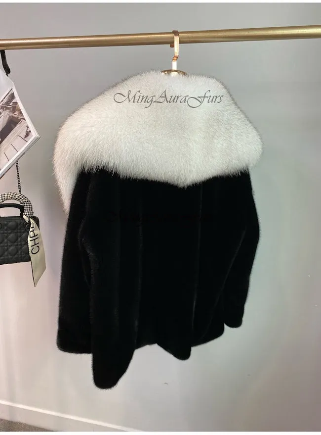 Women's Mink Fur Jacket With Fox Fur Collar - Silver Fox and Mink - G0024