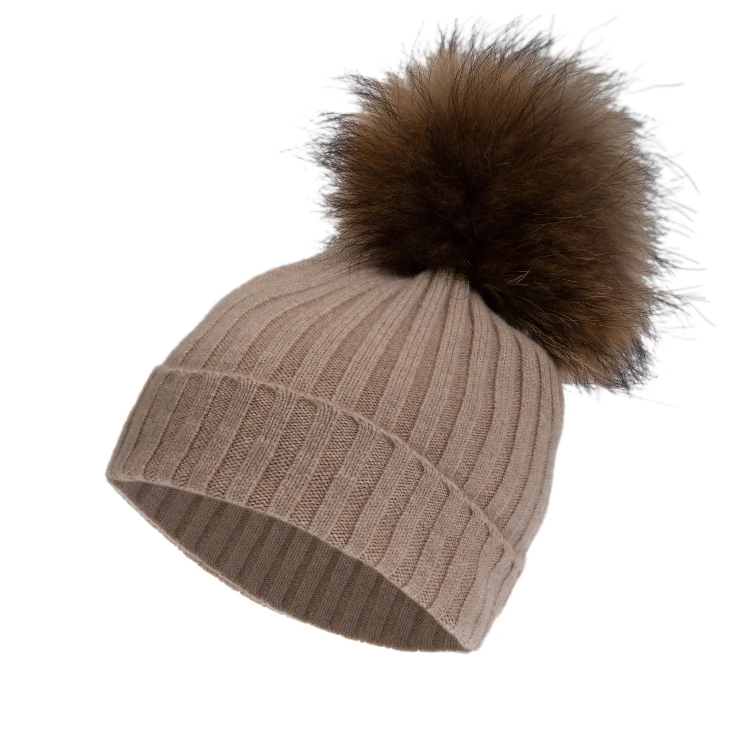 Women's Rib Cashmere Pom Pom Hat  Sand Beige