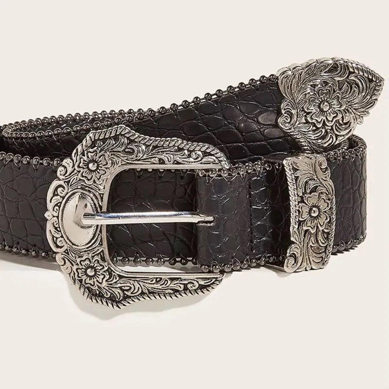 Women's Vintage Fashion PU Leather Carved Pin Buckle Belt