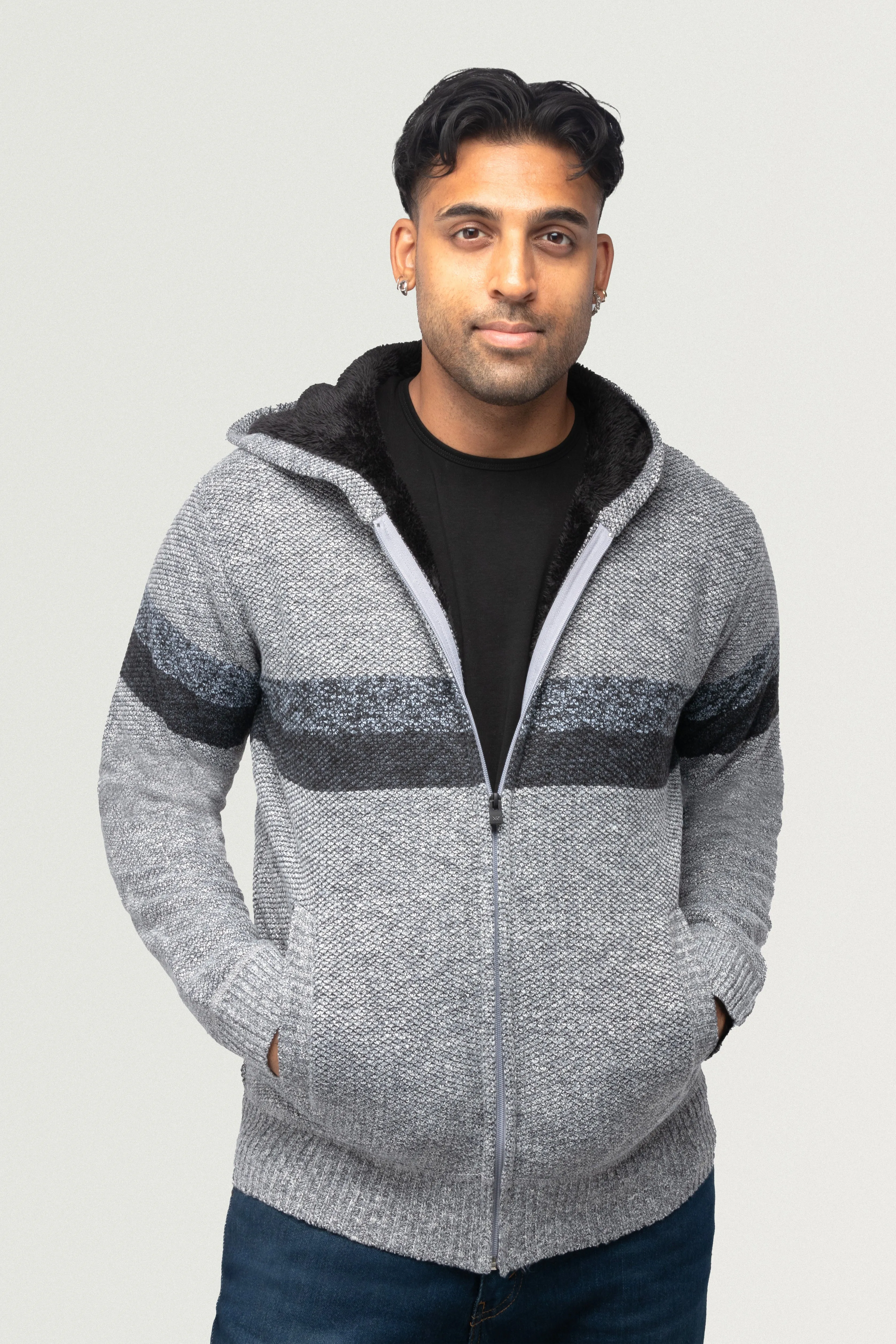 X RAY Men's Zip Up Hooded Sweater with Stripes & Lining