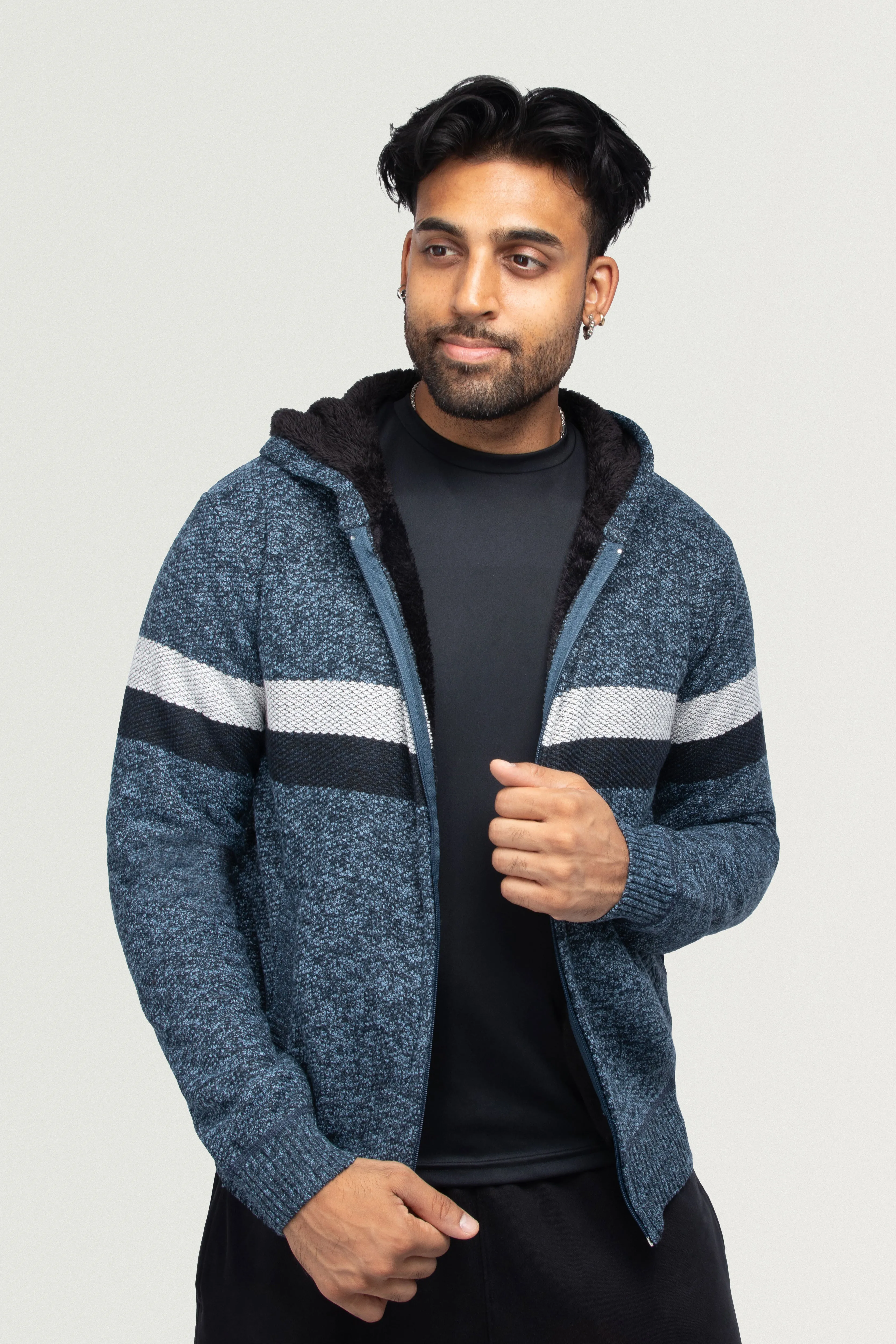 X RAY Men's Zip Up Hooded Sweater with Stripes & Lining