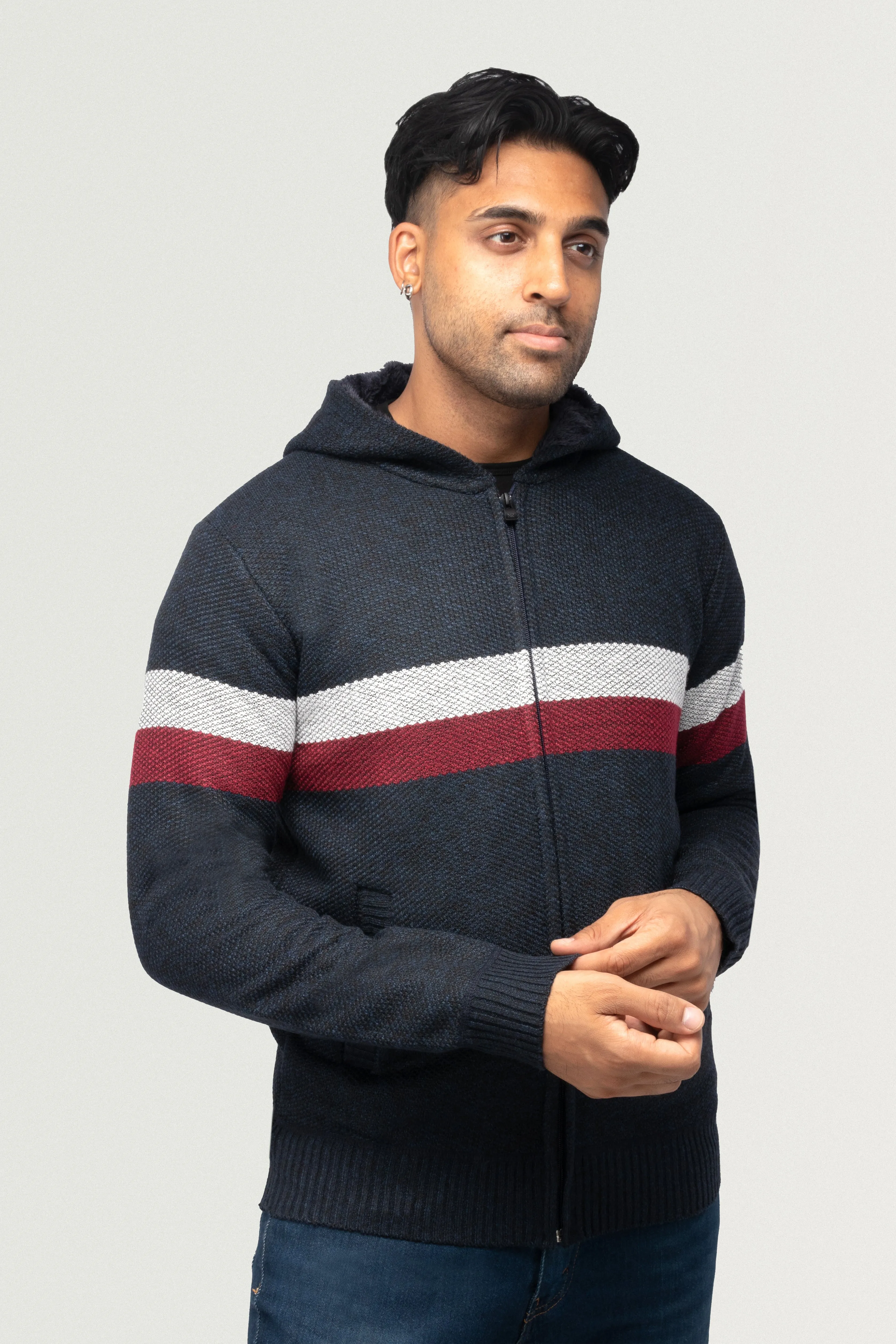 X RAY Men's Zip Up Hooded Sweater with Stripes & Lining