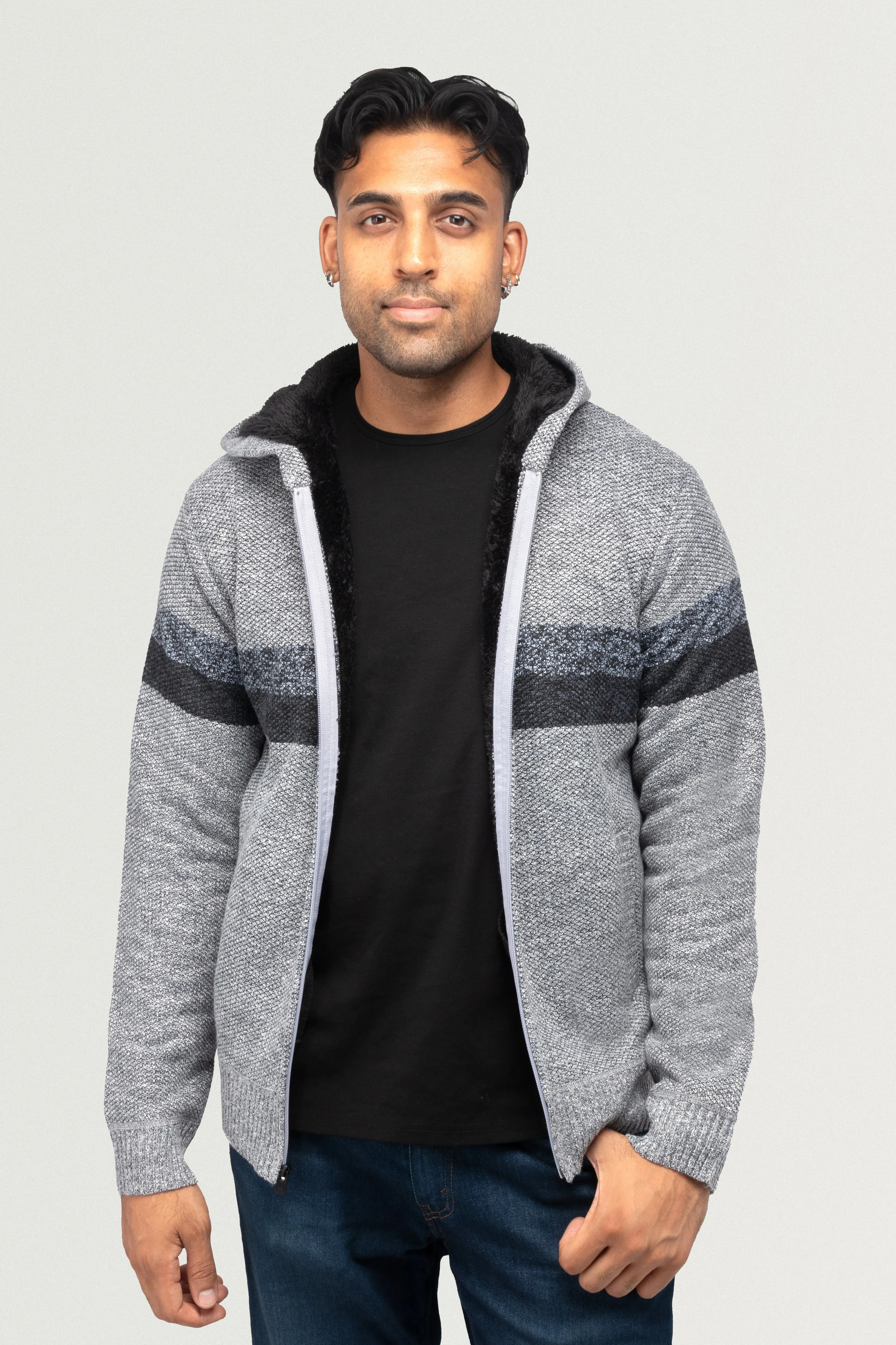 X RAY Men's Zip Up Hooded Sweater with Stripes & Lining