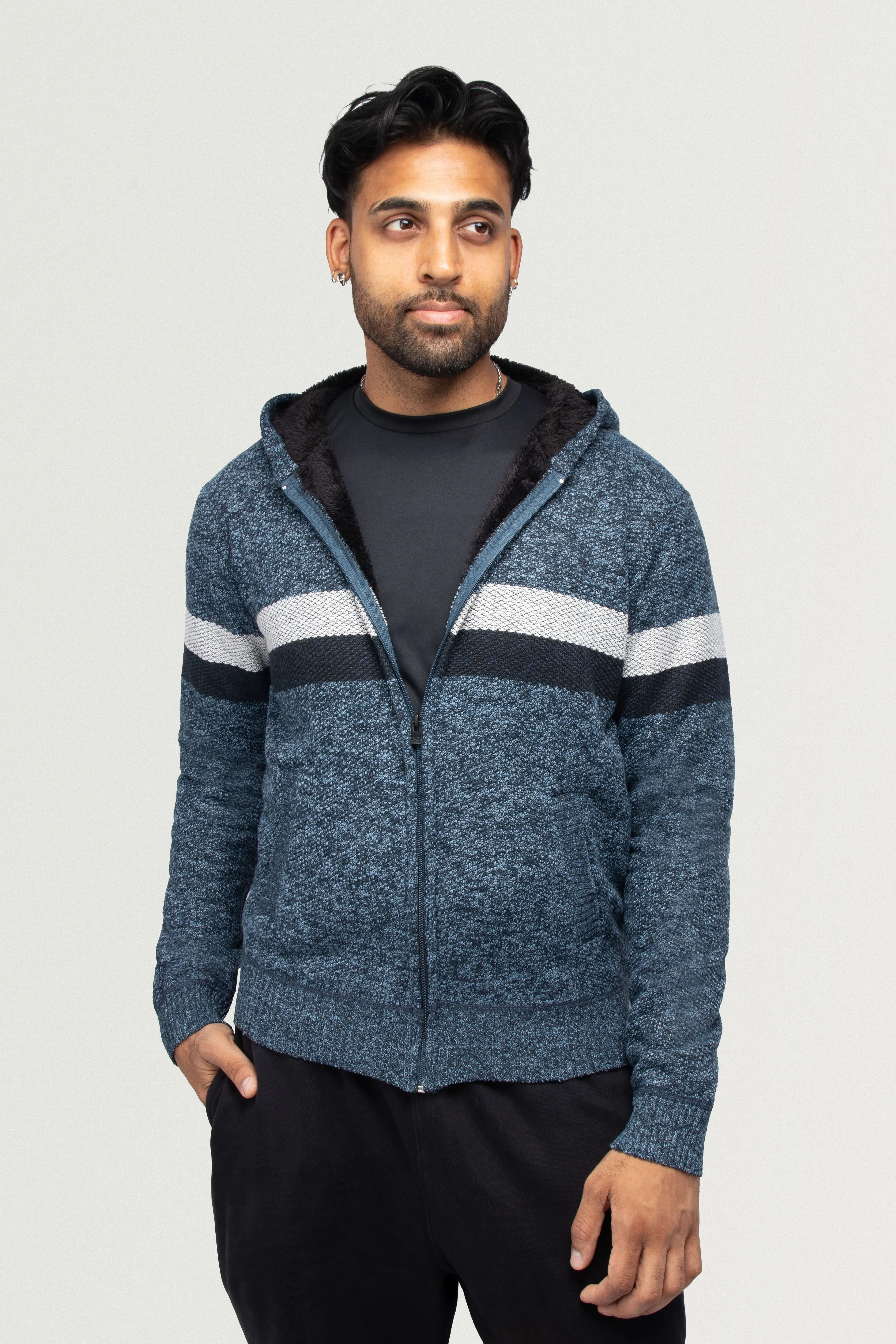 X RAY Men's Zip Up Hooded Sweater with Stripes & Lining