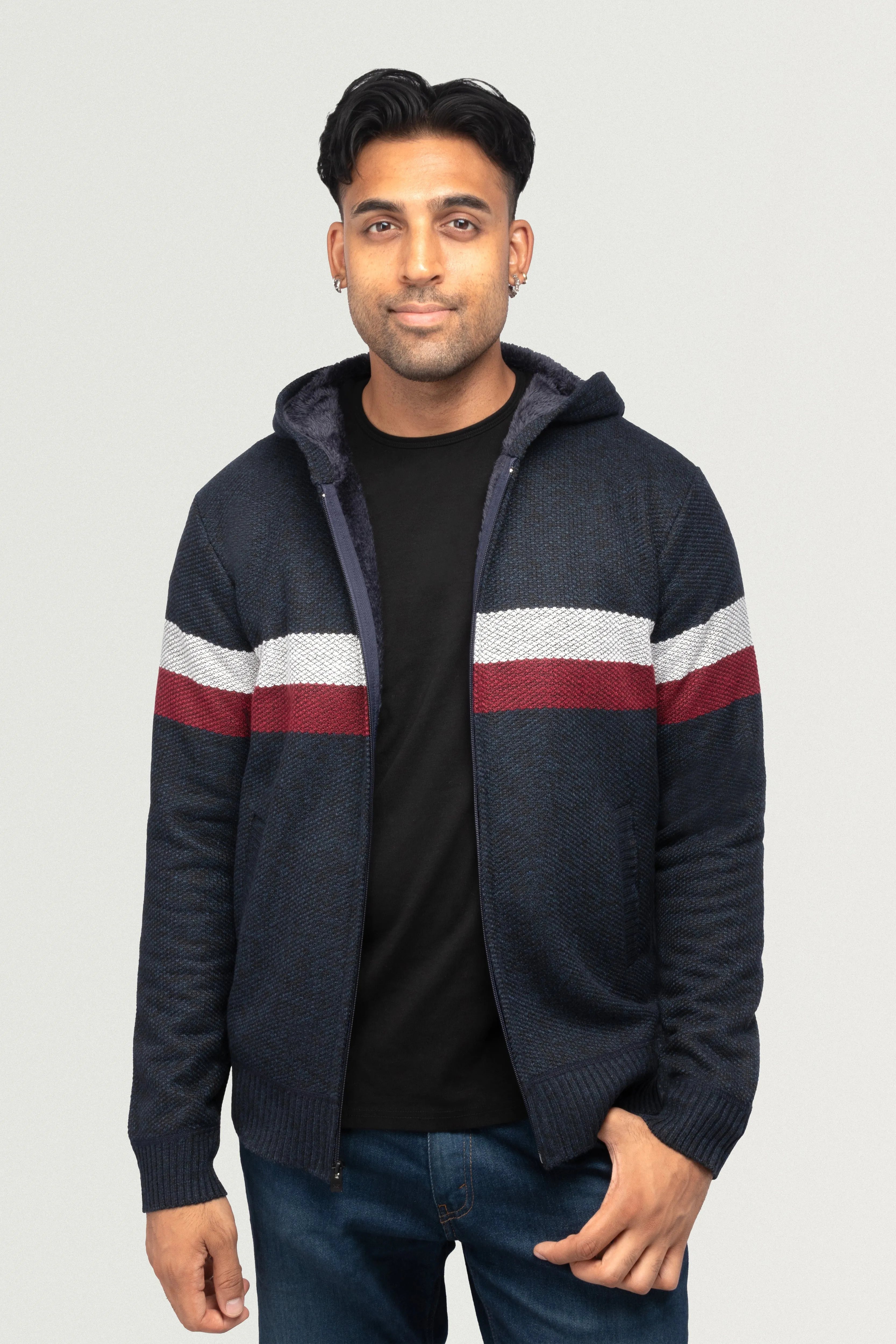 X RAY Men's Zip Up Hooded Sweater with Stripes & Lining