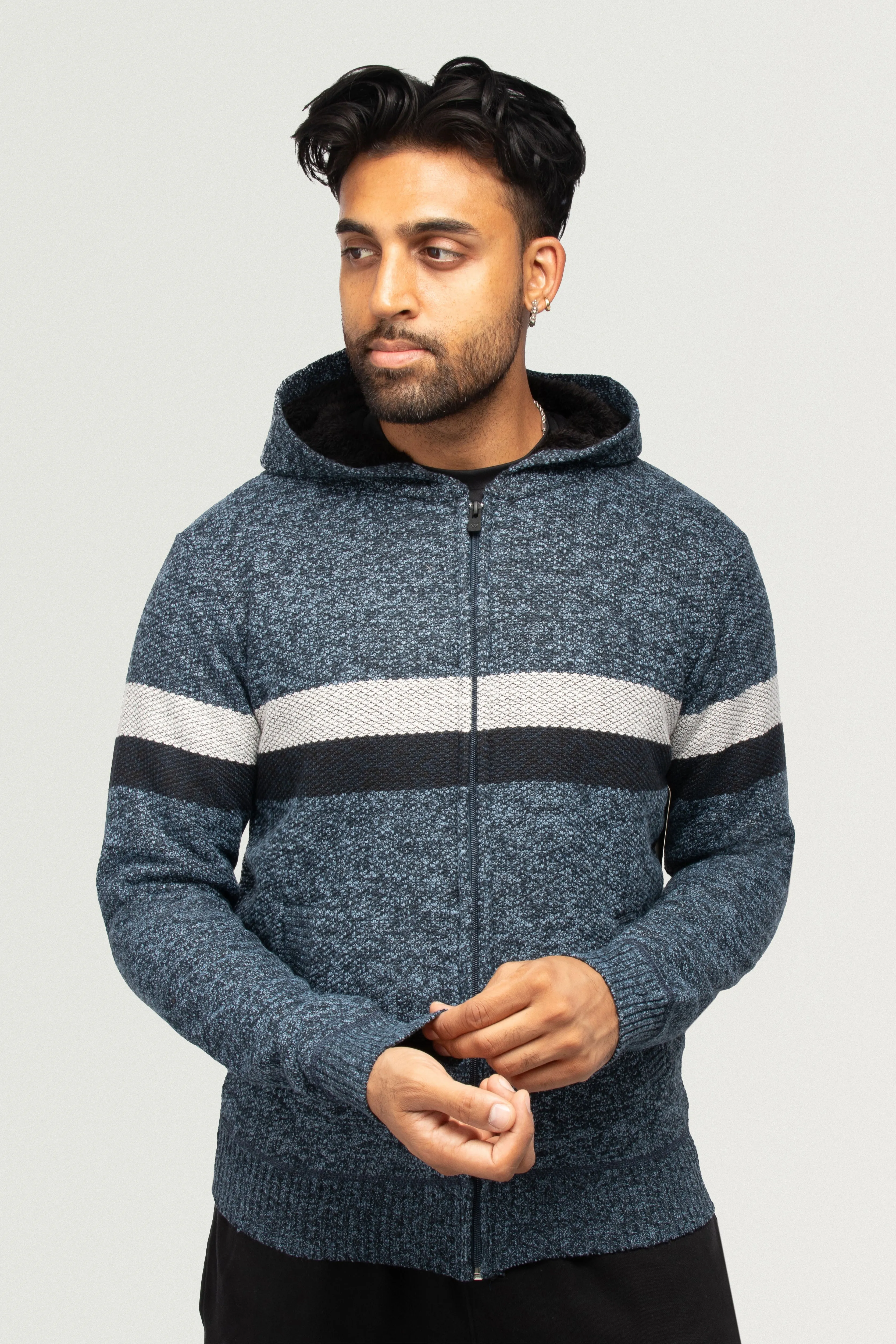 X RAY Men's Zip Up Hooded Sweater with Stripes & Lining