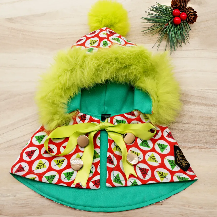 Xmas Hoodie Cape - Xmas tree prints with Lime Green Faux Fur Trimmings