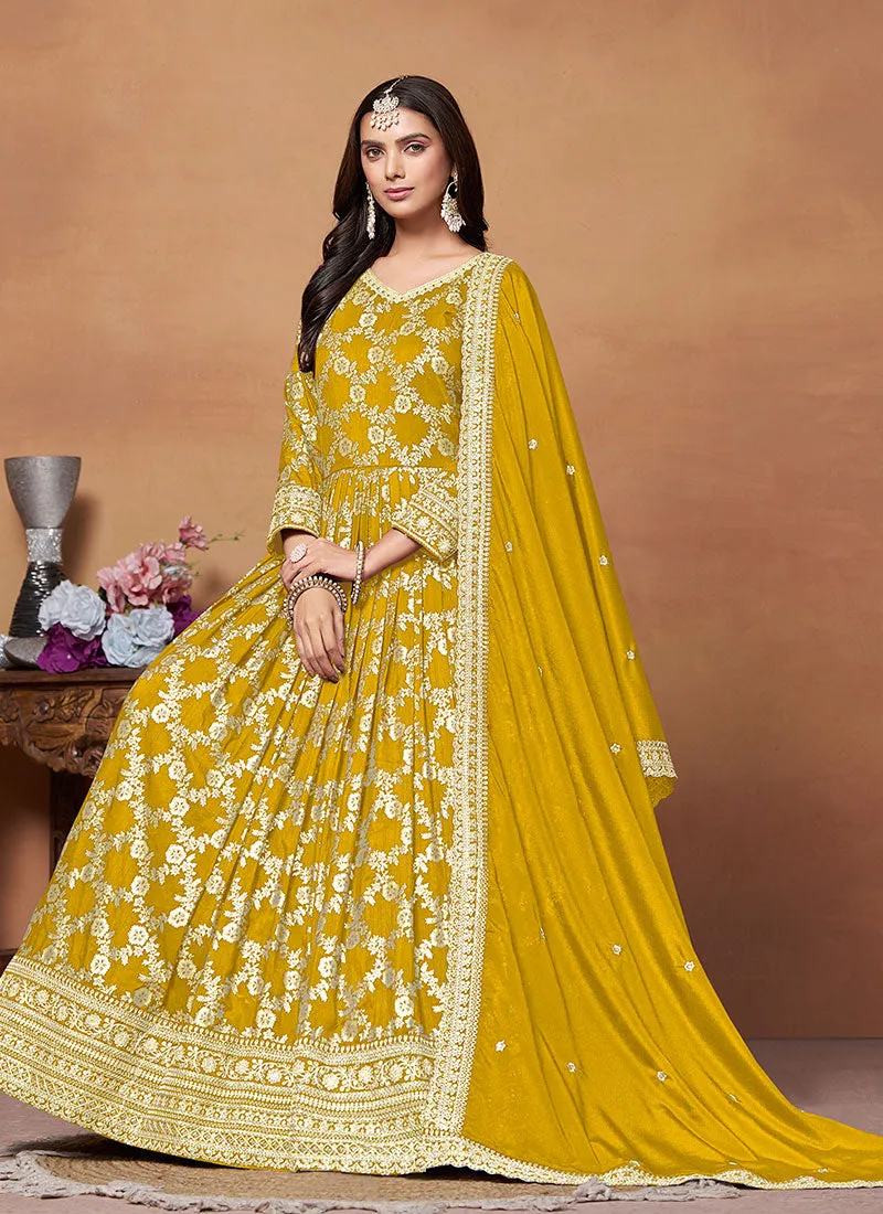 Yellow Embroidery Anarkali Suit For Wedding