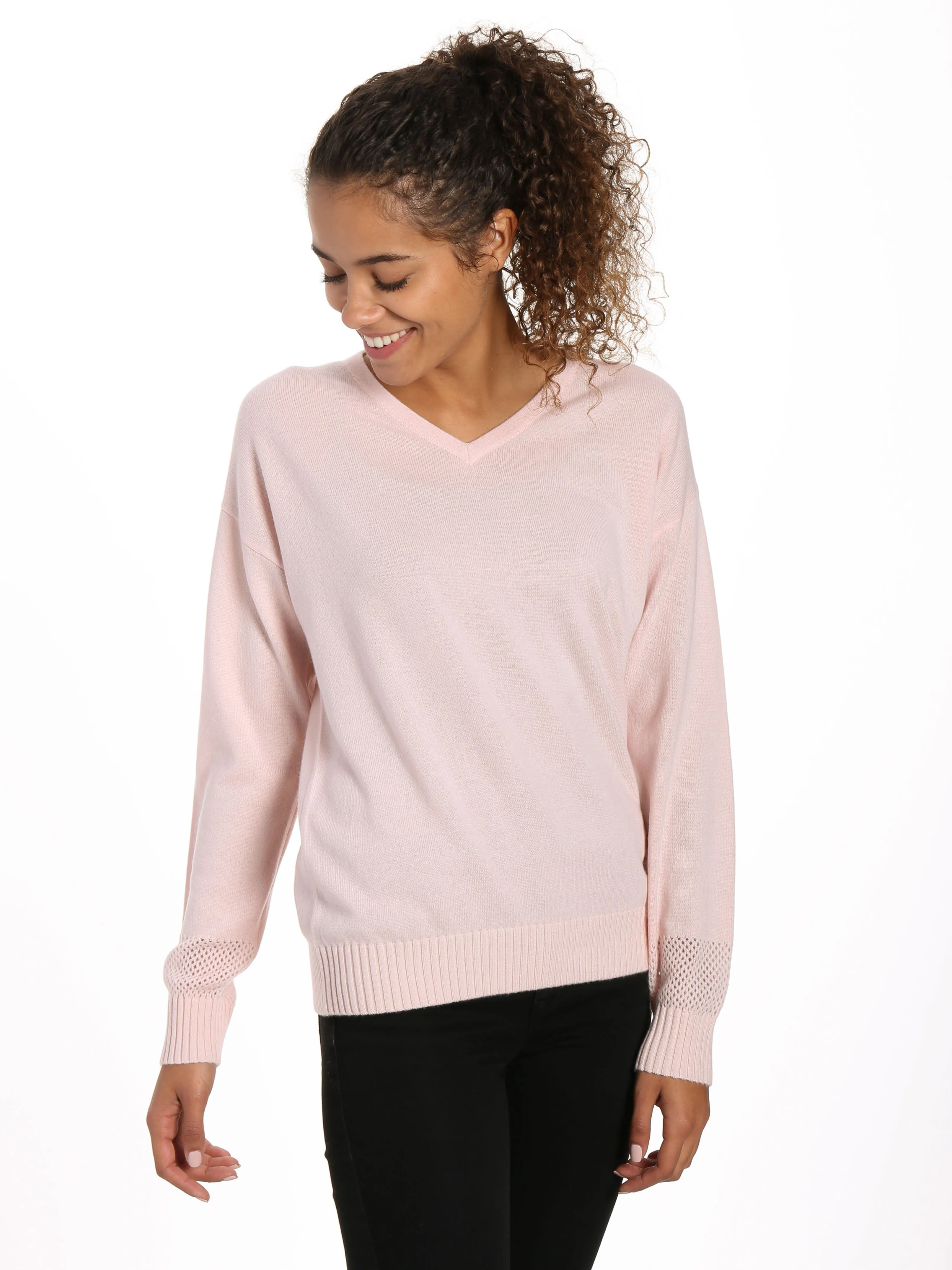 Zainuno Moizni Women's 100% Cashmere V-Neck Sweater with Mesh Sleeve