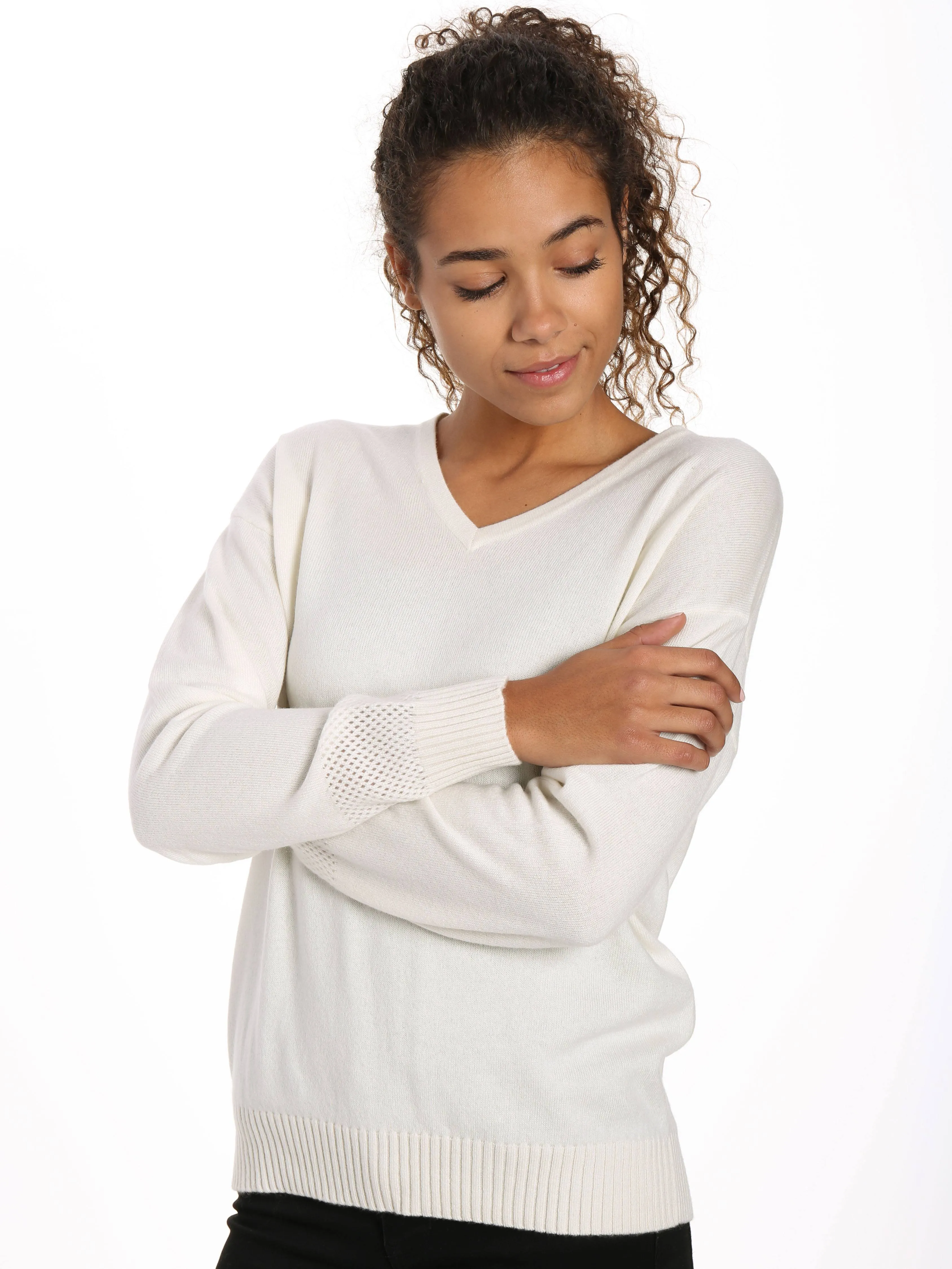 Zainuno Moizni Women's 100% Cashmere V-Neck Sweater with Mesh Sleeve