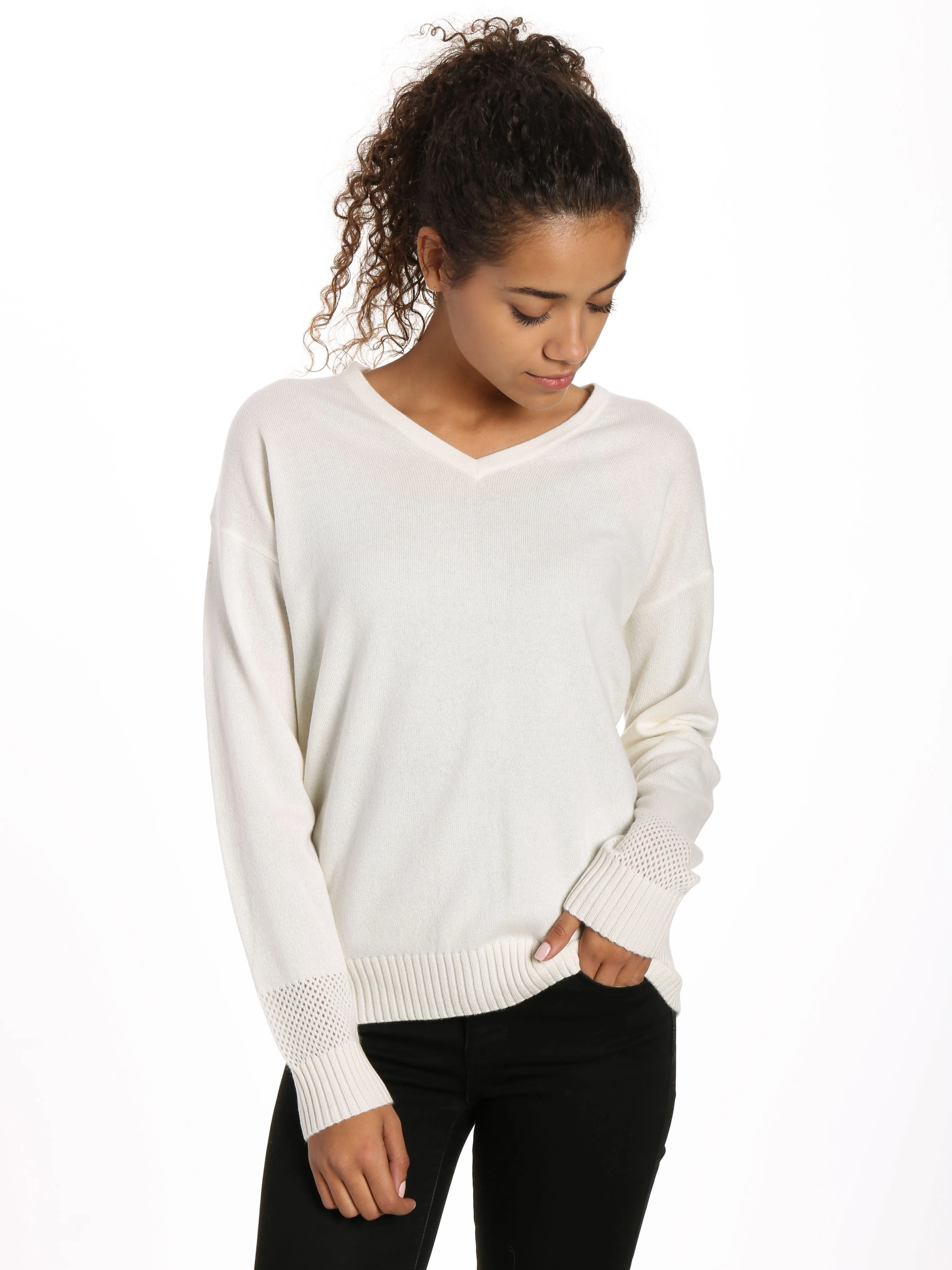 Zainuno Moizni Women's 100% Cashmere V-Neck Sweater with Mesh Sleeve